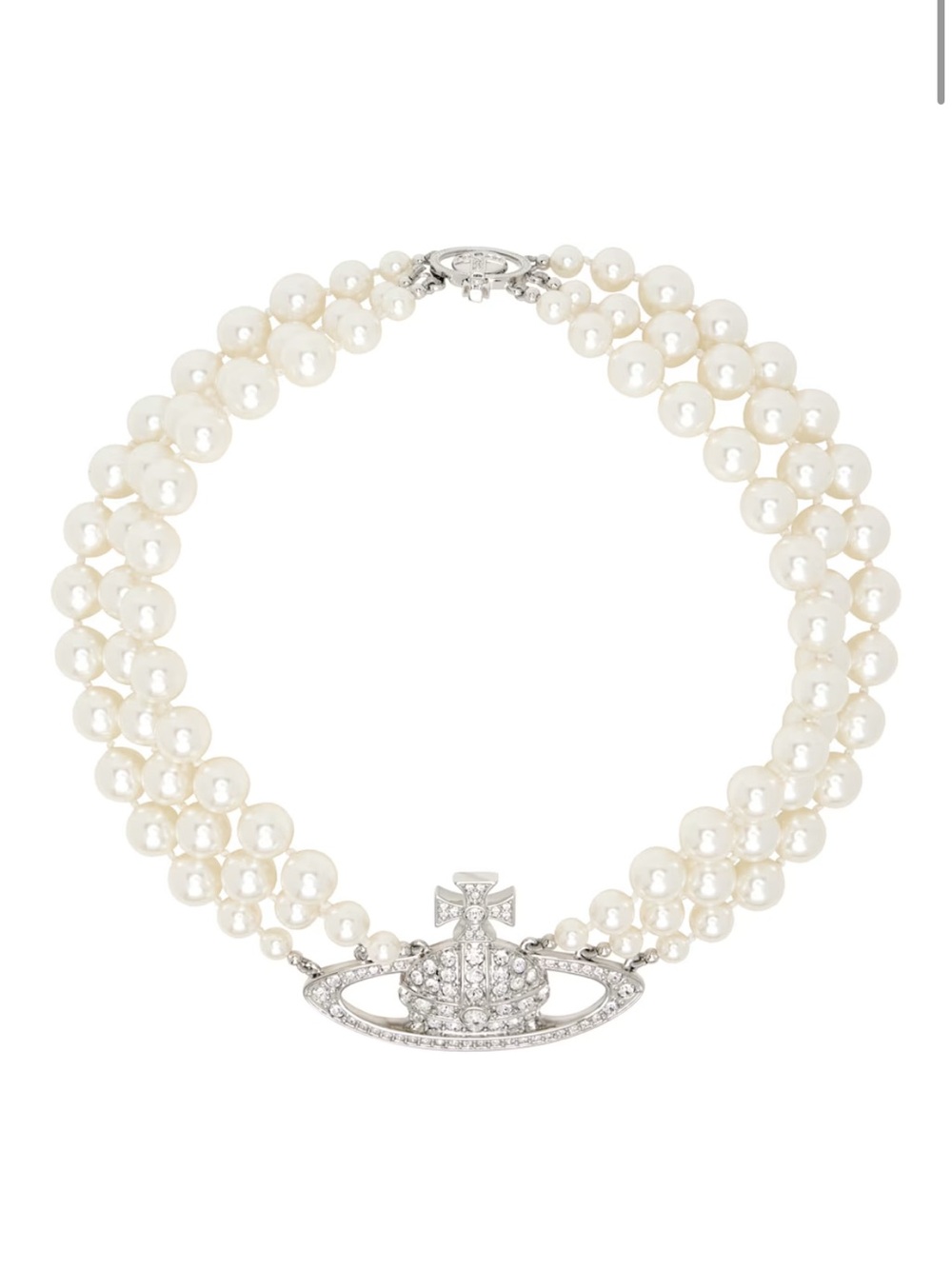 Vivienne Westwood White Triple-Strand Pearl Necklace with Crystal Orb Charm